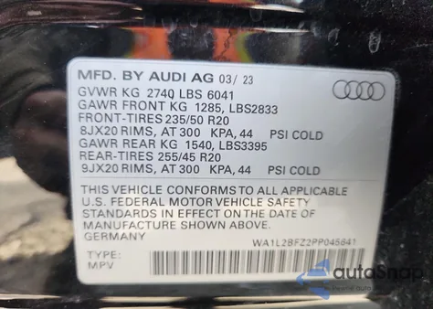 2023 Audi Q4 E-Tron Premium Plus from USA, damaged, VIN WA1L2BFZ2PP045641